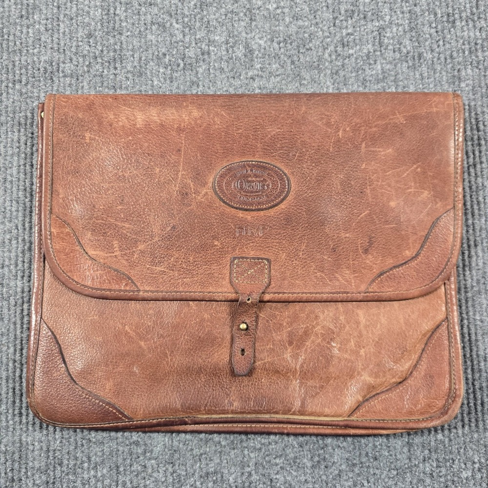 Orvis Laptop Bag Brown 15in Bullhide Leather Briefcase Messenger Folio Made USA